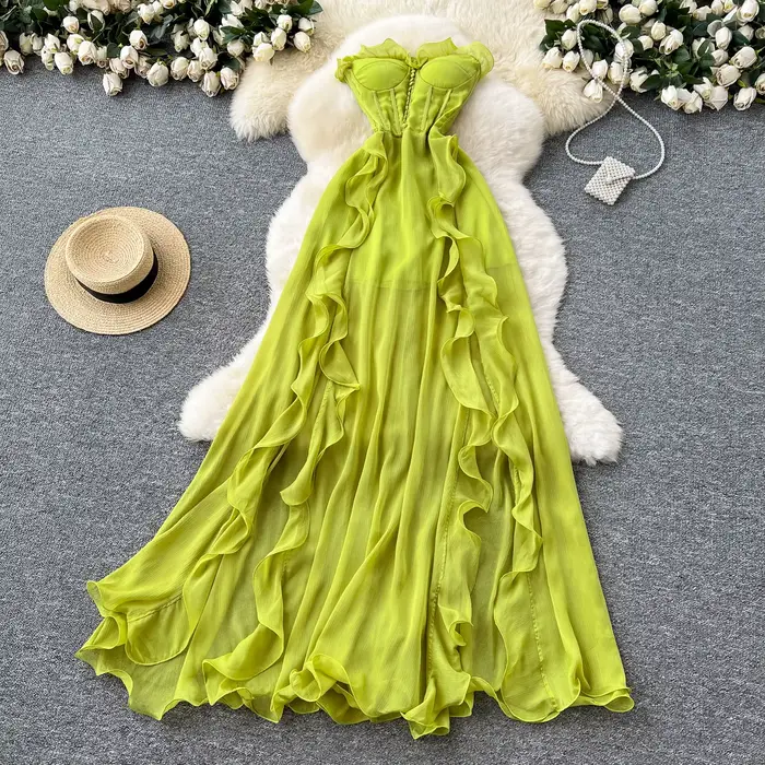 Robes de Style vacances, été français, Sexy, sans bretelles, cintrée, amincissante, fente, volants, 