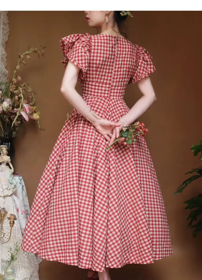 Robe à carreaux rouges style victorien élégante pour femmes été vacation date birthday party night