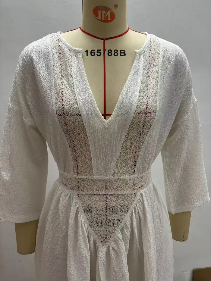 Vintage Boho Vintage robe de plage creuse femme printemps solide Sexy col en V ample fête longue robe à manches longues plissée robe de vacances