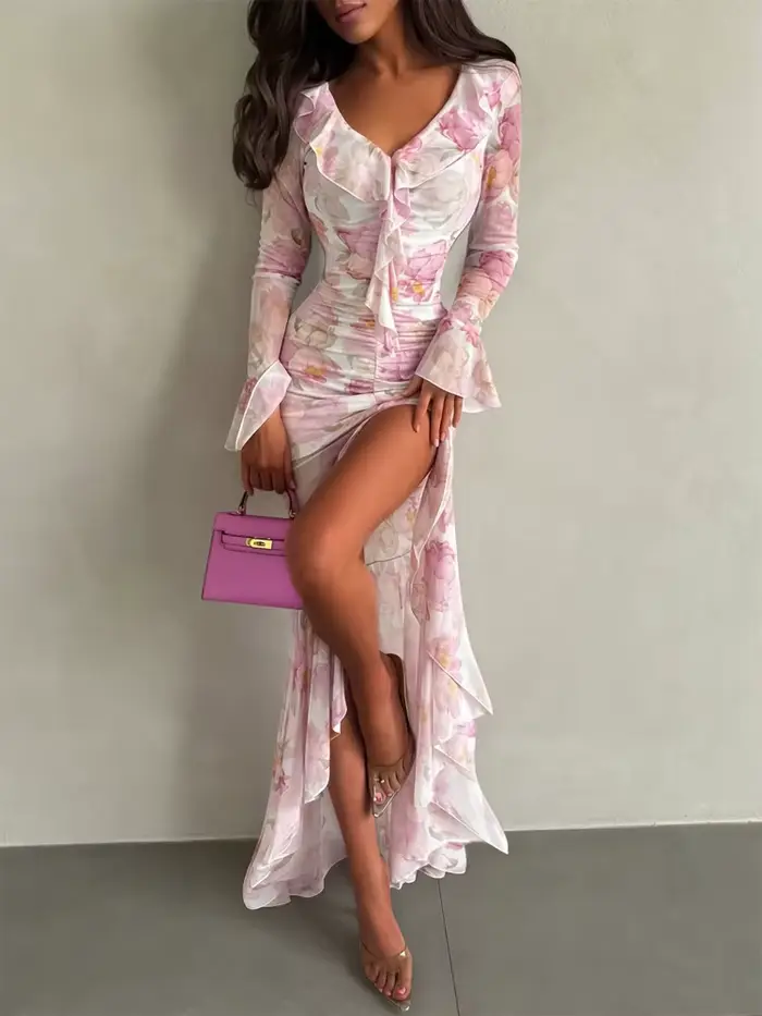 Robe longue pour femme à col en V