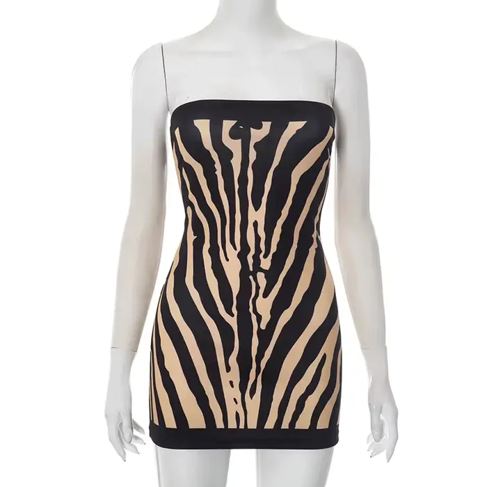 Zèbre rayé bretelles dos nu femmes Mini une ligne robe tenues automne hiver épaules nues sans manche