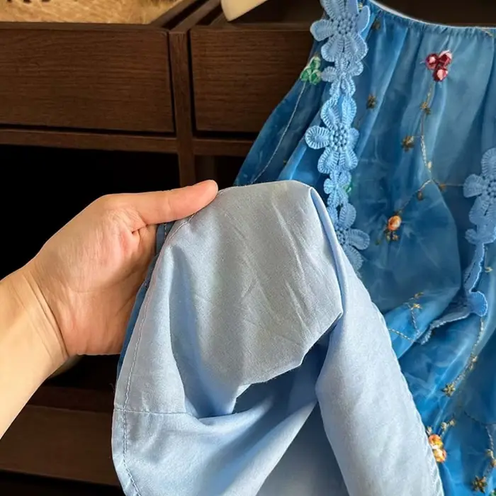 Robe-veste brodée de fleurs 3D, style vacances d'été au bord de la mer, bleu, pour filles, version coréenne, douce et mignonne