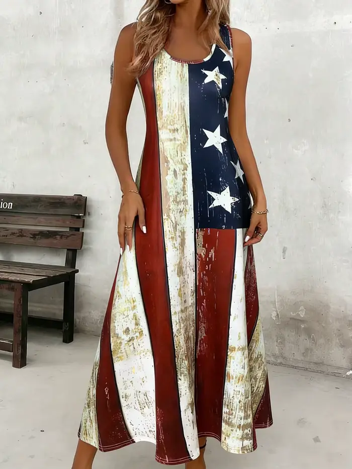 Robe longue décontractée pour femmes avec imprimé drapeau américain