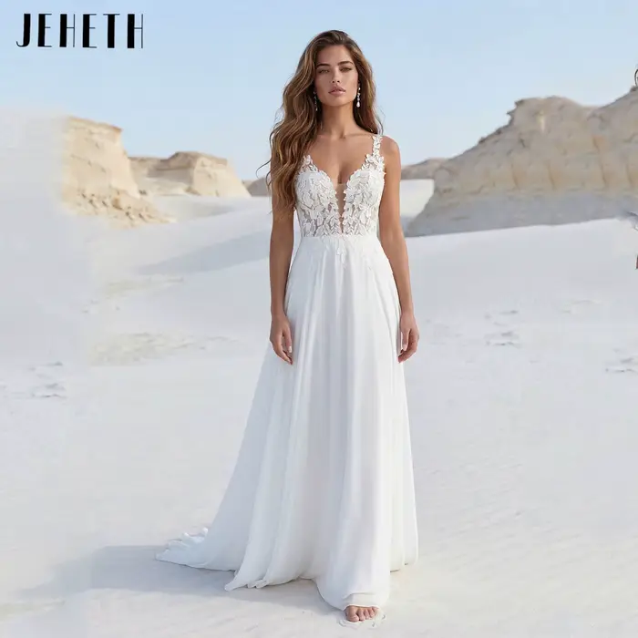 Robe de mariée bohème personnalisée en polyester mousseline avec train de balayage pour femmes enceintes occasions spéciales mariage destination