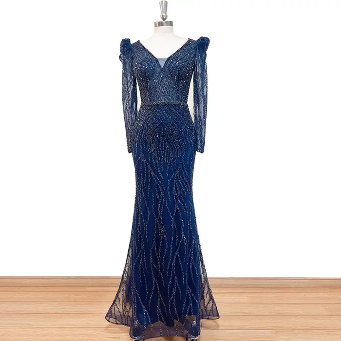 Robe de soirée sirène élégante pour femme 2026, col en V, manches longues bouffantes, perles et sequins, robes de bal et de mariage formelles personnalisées