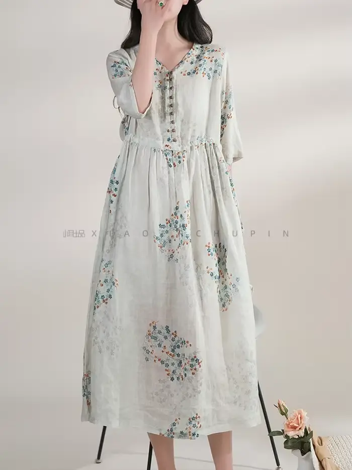 Robe d'été longue imprimée THHONE élégante avec col en V pour femmes occasions spéciales vintage style plage coréen
