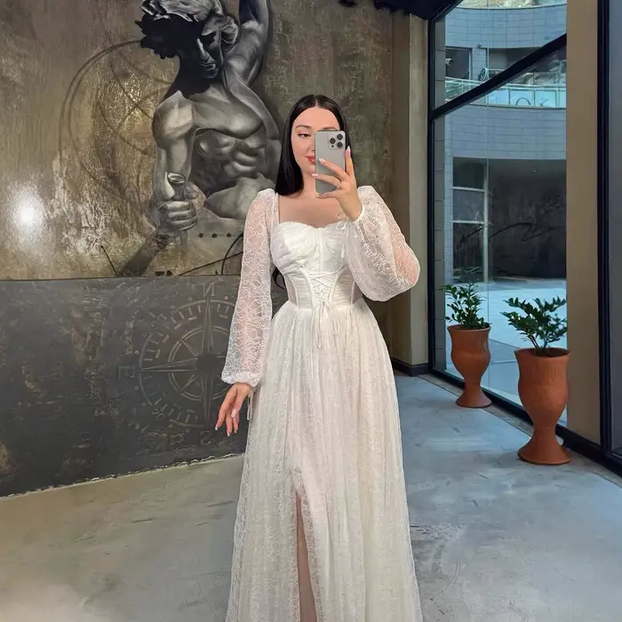 Robe élégante en dentelle polyester longue cheville avec manches lanternes pour femmes occasions formelles romantiques bureau