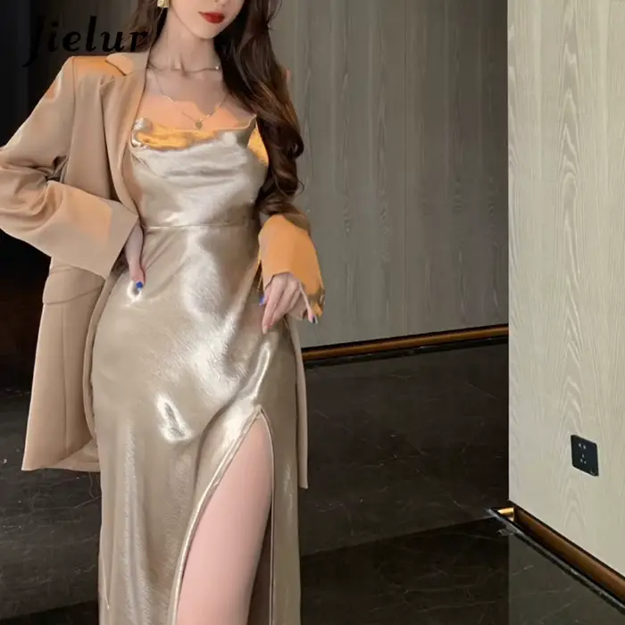 Jielur Élégant Satin Taille Haute Split Camisole Robe Femmes Champagne Sexy tambours con Robes
