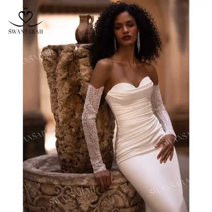 Robe de Mariée Princesse Sirène Chérie Satinée avec Train Amovible pour Femmes Occasions Spéciales
