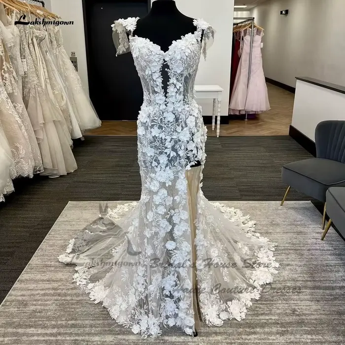 Yanshmigown-Robe de mariée sirène en dentelle florale personnalisée