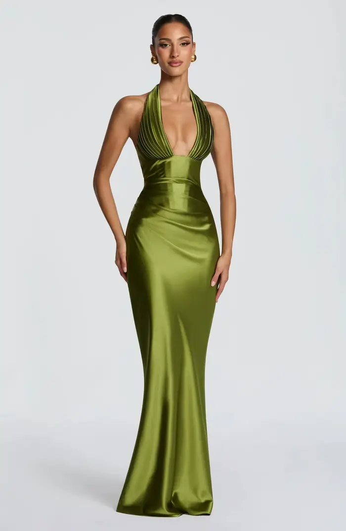 Robe de soirée formelle en satin vert olive pour femme