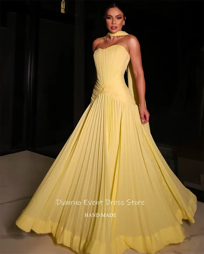 Dianruo rubans jaunes robes De soirée une ligne plissée robe formelle en mousseline De soie chérie