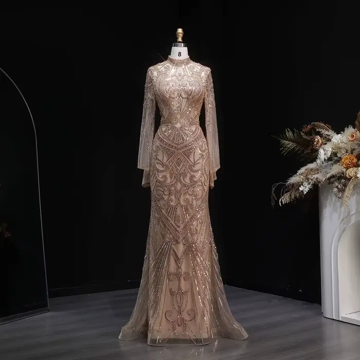 Robe de soirée Sharon Said Dubaï à motif géométrique perlé, manches longues évasées, silhouette sirène, forme de balayage pour femmes occasions spéciales