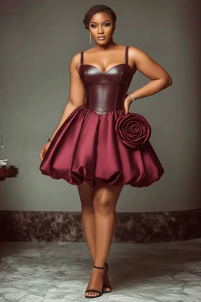 Robe de soirée courte noire avec de grandes fleurs 3D et volants