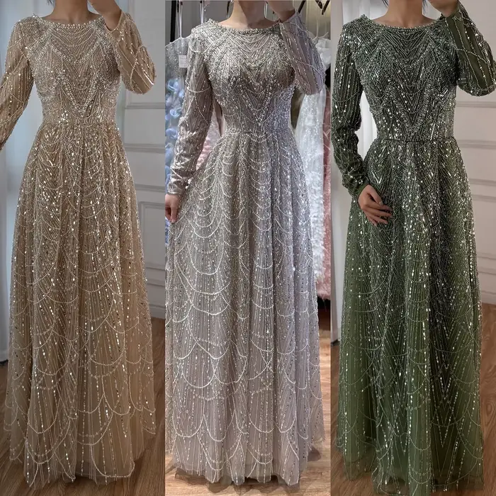 Luxe vert Olive à manches longues perlée une ligne robe de soirée pour la fête de mariage bal Serene Hill 2025 personnalisé LA72738B grande taille