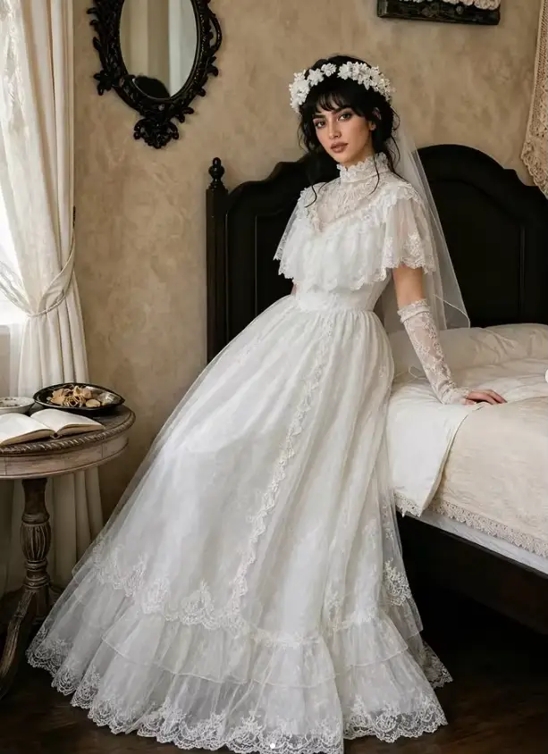 Robe de Mariée Bohème Personnalisée en Dentelle avec Manches Longues et Col Haut pour Occasions Spéciales Plage Fête Réception
