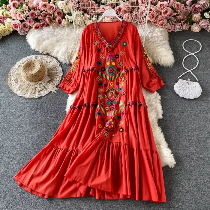 Femmes robe Vintage bohème ethnique bord de mer robe de vacances printemps brodé col en v robe de pl