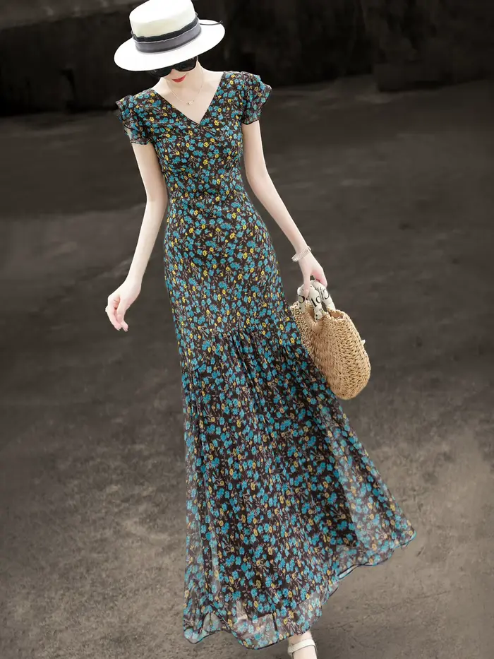 MEXCOCO 2026 Nouvelle robe florale d'été style villégiature française, robe en mousseline à col en V