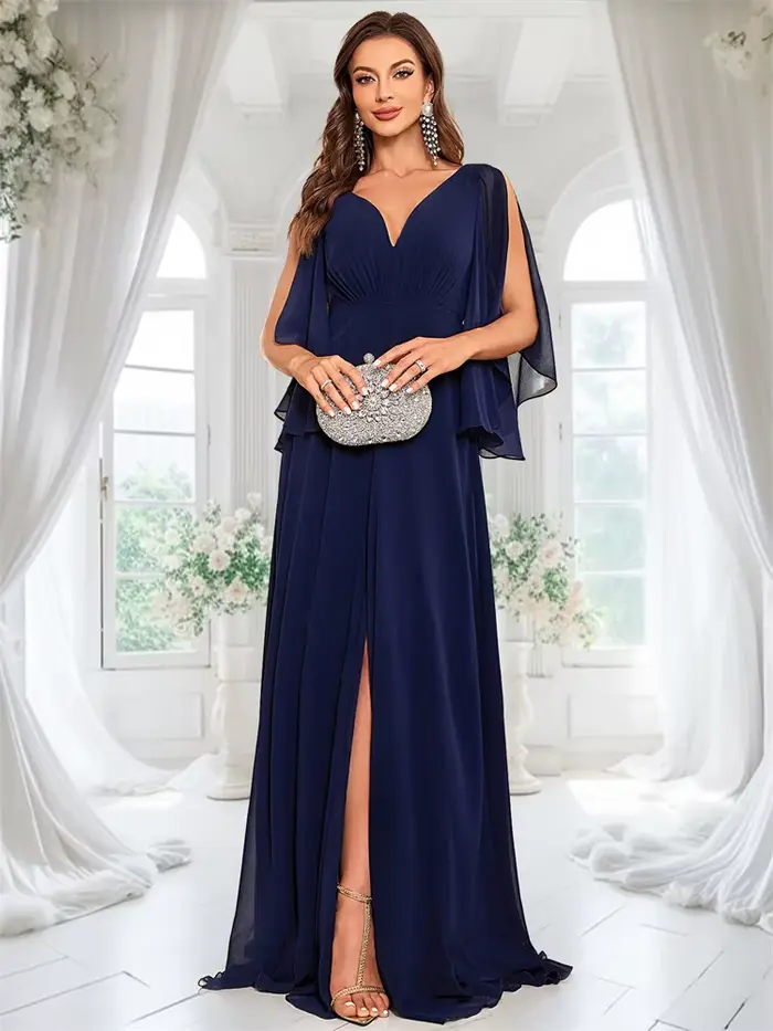 Robe de soirée Lucyinlove en mousseline de soie luxuriante bleu marine à fente haute et dos en V pour femmes, occasions formelles et soirées spéciales