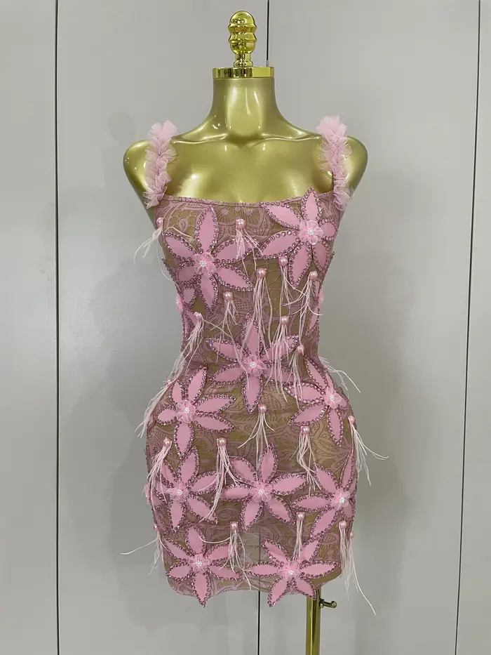 Sexy brillant diamant fleurs plumes blanc Transparent Slip robe courte soirée bal célébrer anniversaire