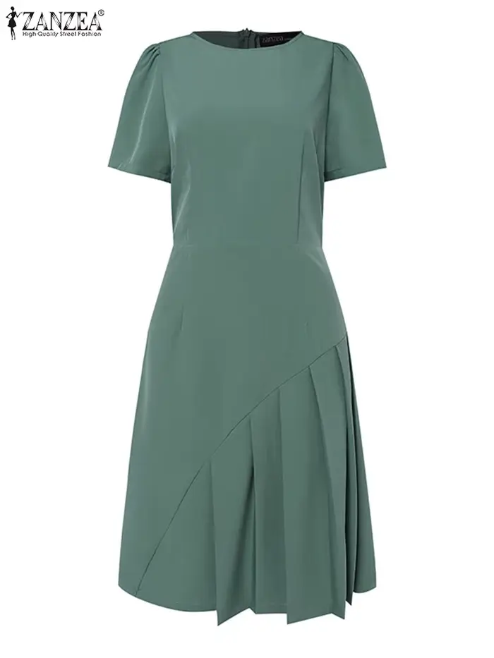Robe plissée ZANZEA en polyester et élasthanne col rond longueur aux genoux pour femmes occasions spéciales été