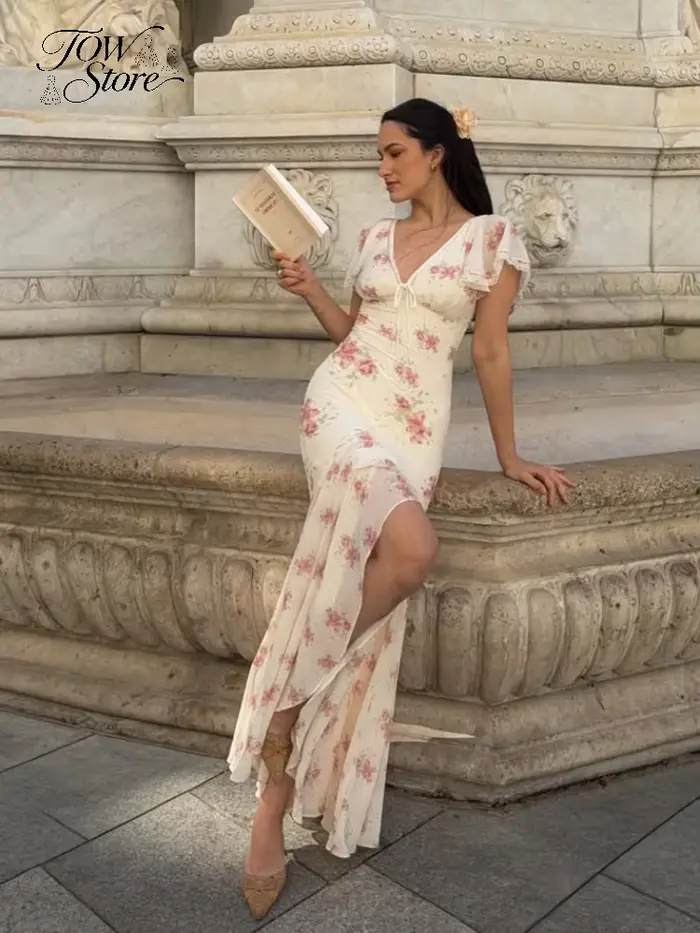 Robe longue plissée à manches volantées pour femme
