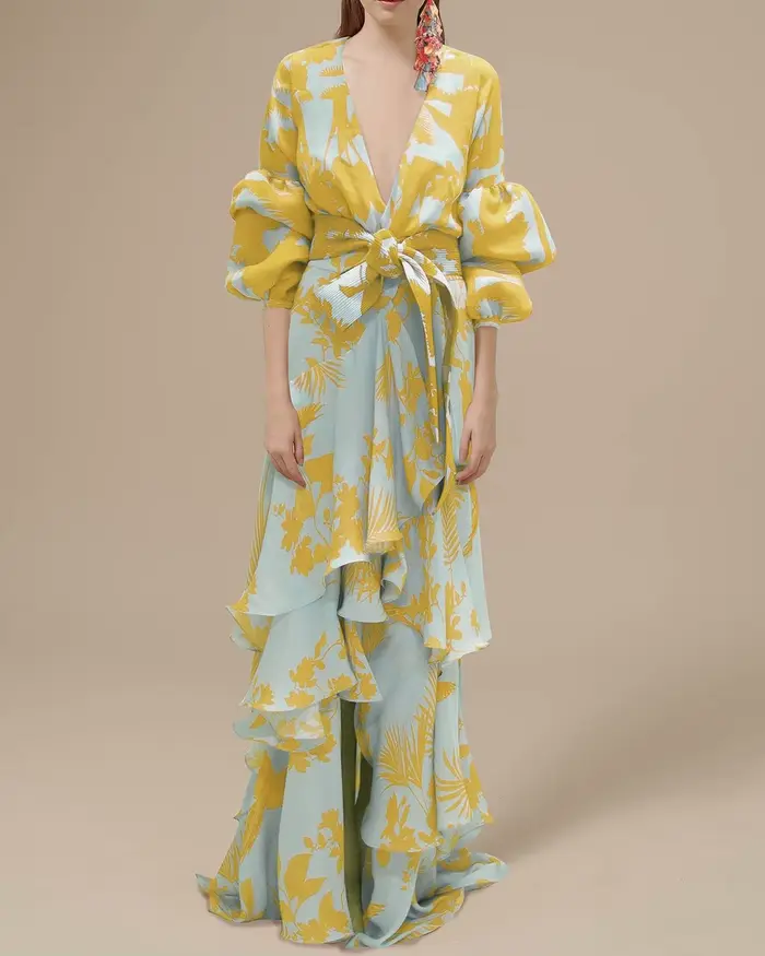 Robe longue bohème irrégulière en mousseline de soie à imprimé mode européenne et américaine, col en