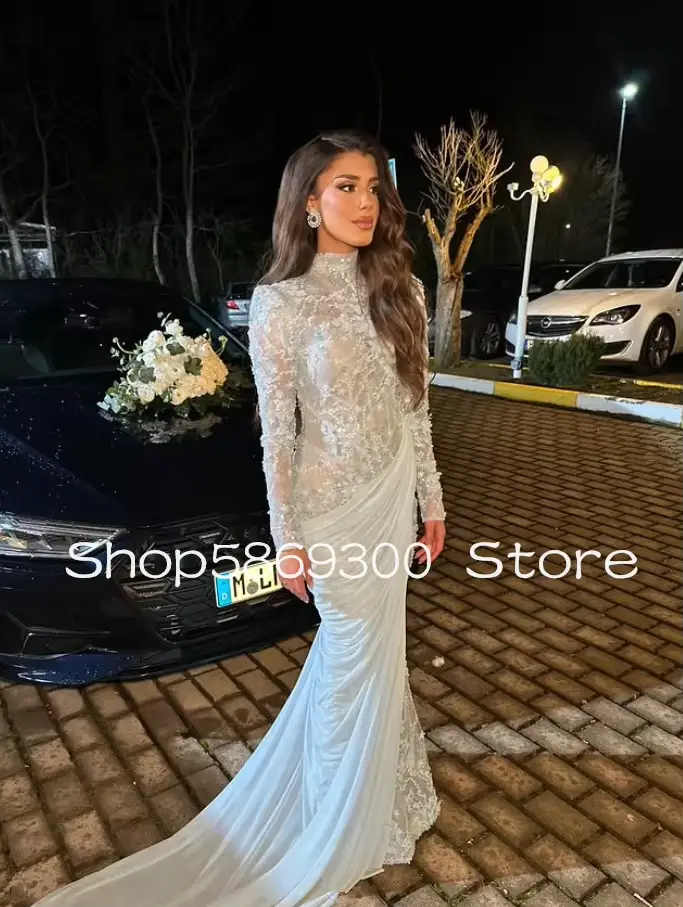 Robe de soirée moderne musulmane bleu ciel, en dentelle florale, col haut, manches longues, froncée,
