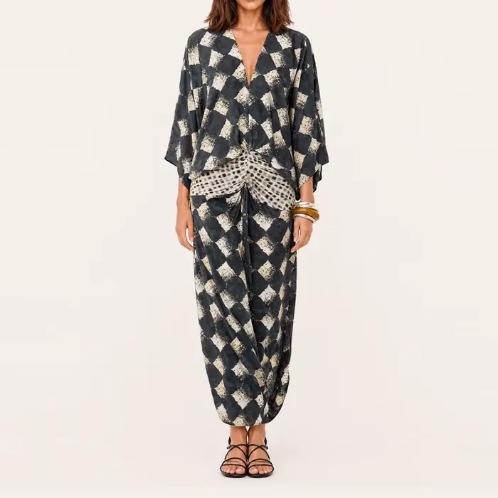 Robe longue décontractée pour femme 2026, col en V sexy, imprimé chic, manches chauve-souris, taille