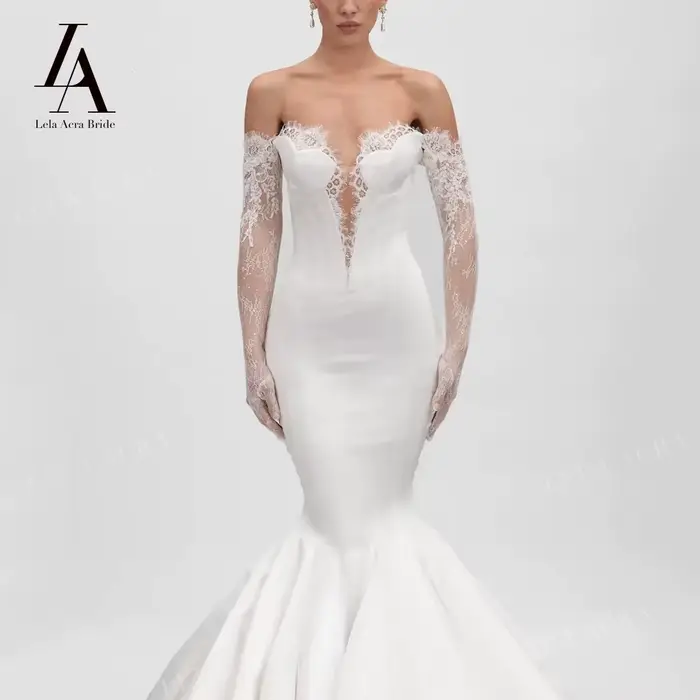 Robe de mariée sirène Lela Acra avec décolleté MON AMOUR, train de la cour, polyester satiné, sans dossier, pour femmes de tous âges, occasions spéciales de mariage