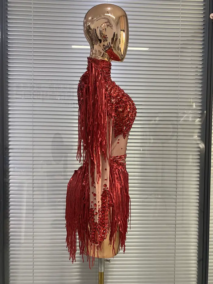 Robe de danse de salon pour femme en polyester rouge scintillante avec strass et paillettes pour soirée spectacle danse hip-hop photo