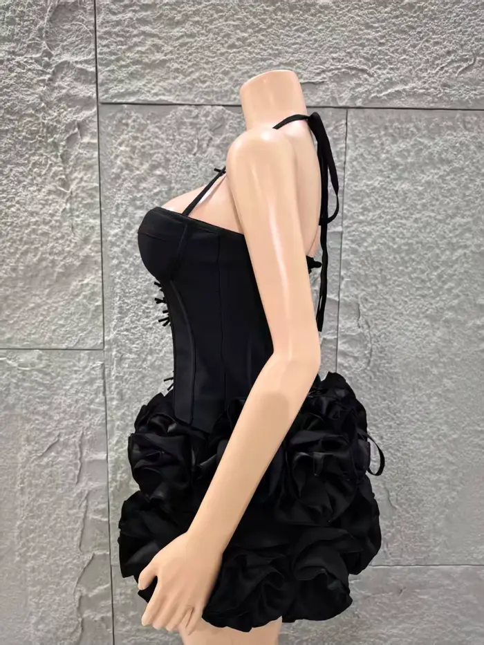 2025 nouvelle couleur noire femmes Sexy bretelles fleurs 2 pièces moulante Mini robe de pansement célébrer discothèque fête Bar chanteur porter