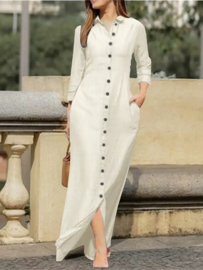 Robe longue élégante pour femmes manches longues couleur unie chemise en coton et lin décontractée boutons printemps automne occasions spéciales