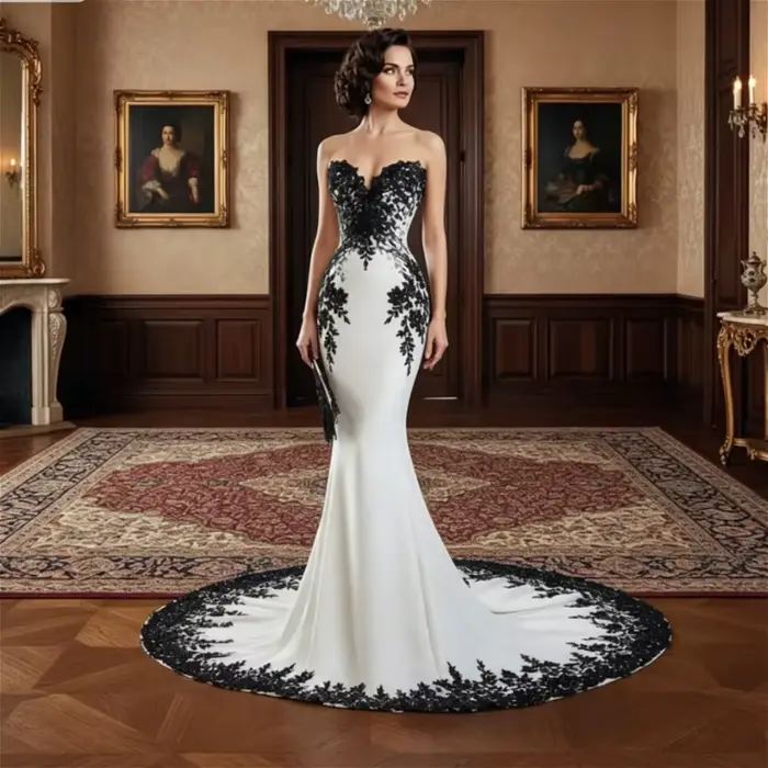 Robe de mariée sirène gothique personnalisée, longue, sans bretelles, en satin noir et blanc, avec a