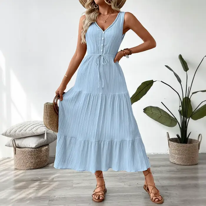 Robe longue texturée sans manches à volants pour femme, col en V, taille à nouer, beige, bleu foncé, bleu clair, décontractée et élégante, pour le quotidien et le week-end