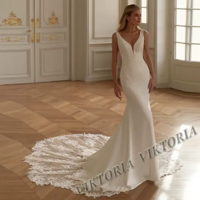 VIKTORIA-Robe de Mariée Sirène Élégante pour Femme, Col en V, Dos aux, FibrSatin, Personnalisée