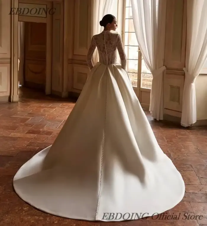 Robe de mariée EBDOING en polyester satiné avec train de chapelle, dentelle et soutien-gorge intégré pour femmes enceintes et occasions spéciales