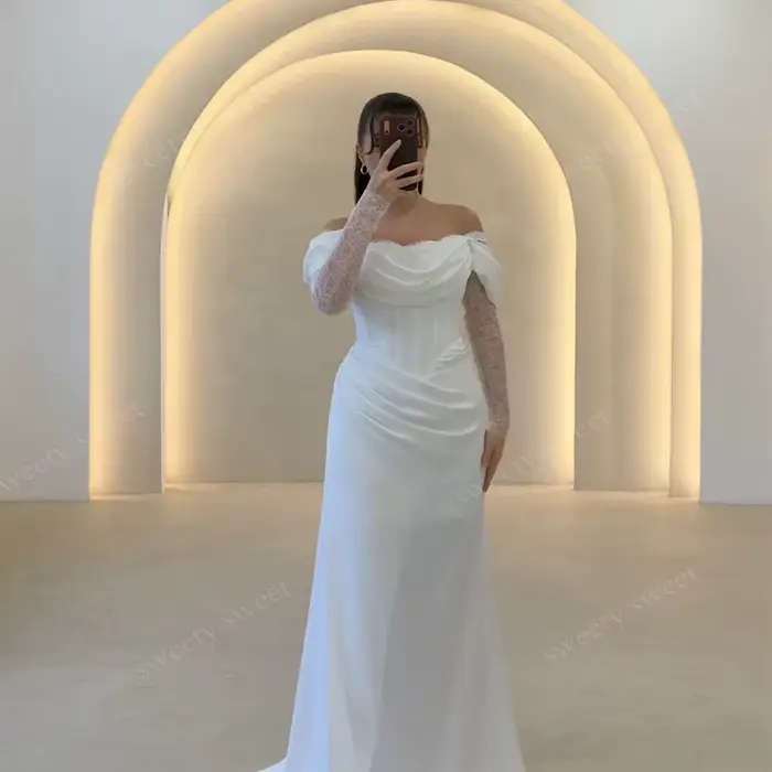 Robe de mariée classique entièrement en satin, style sirène, col carré, manches longues, personnalisable, avec boutons, Vestido De Novia