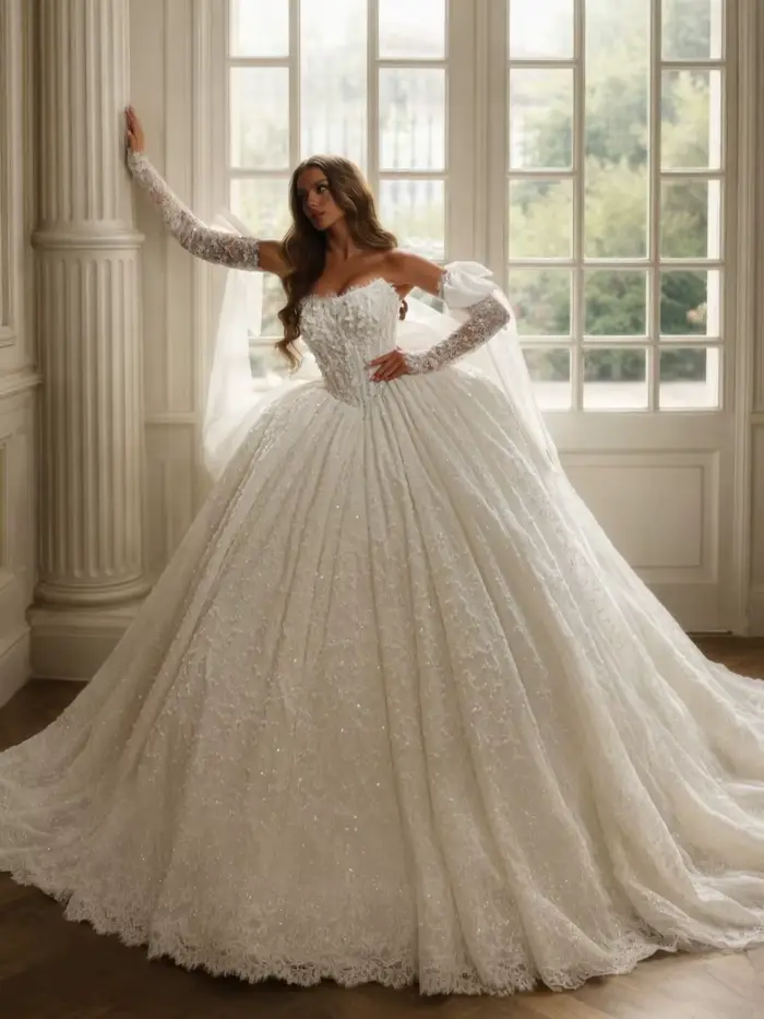 Robe de mariée exquise perlée princesse rêveuse en dentelle avec train de la cour pour femmes occasions spéciales mariage