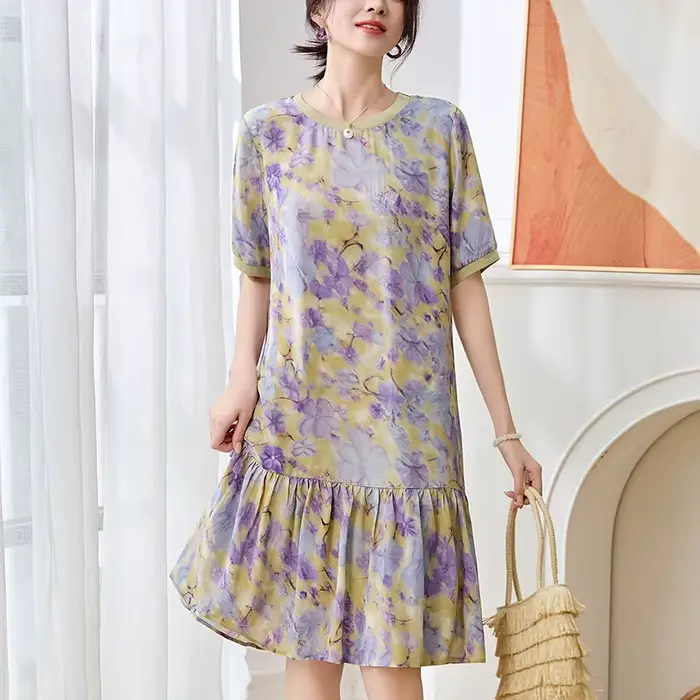 Robe de mode pour femme en soie véritable 100% naturelle coupe sirène à fleurs et volants pour été 2026