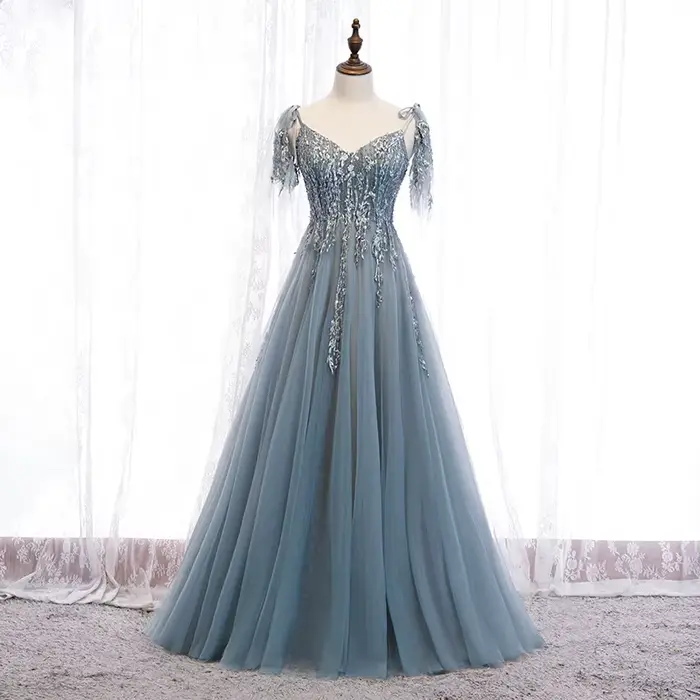 Robe de bal en tulle sans manches col en V à lacets dos élégante pour soirée officielle femme occasions spéciales