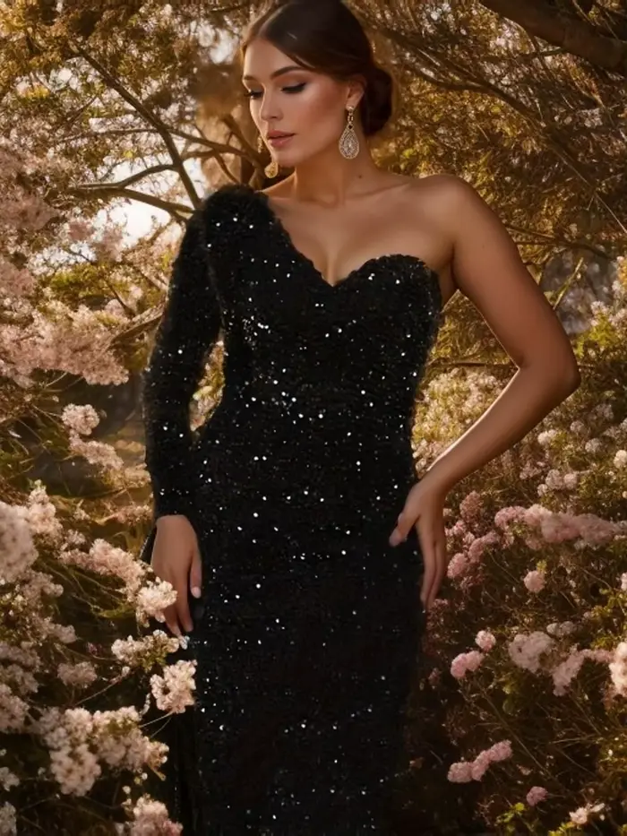Robe de soirée à paillettes noire ou rouge sexy une épaule manches longues pour femmes bal de promo boîte de nuit été