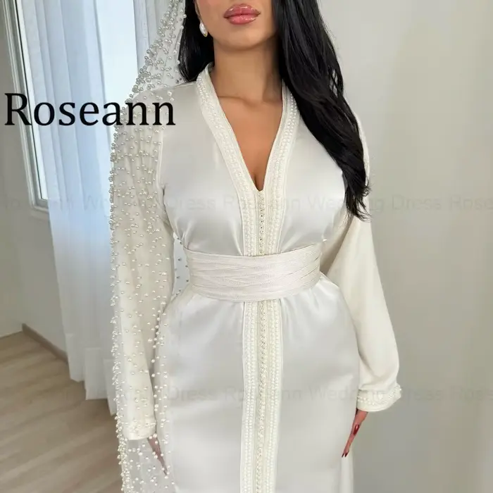 Robe de mariée bohème Roseann 2026 – Magnifique caftan à col en V pour femme avec ceinture