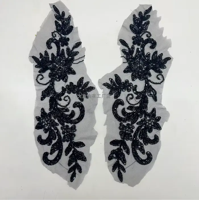 Accessoires de robe en maille de perles noires et champagne, appliques de corsage de dentelle décoratives, perles initiées trempées, miroir, 2 paires
