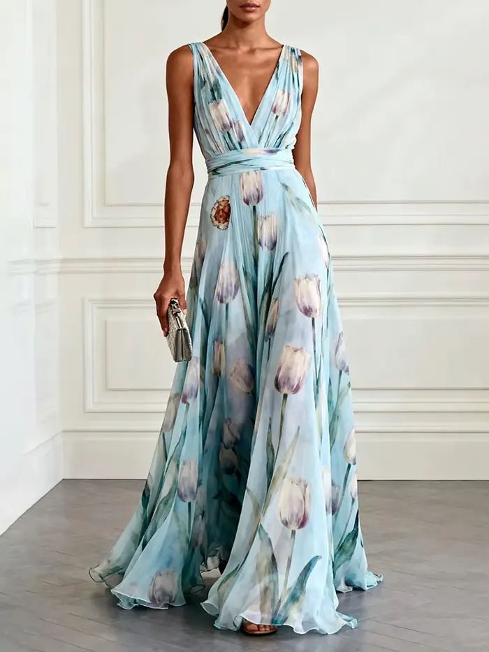Robe longue élégante en mousseline de soie à col en V profond