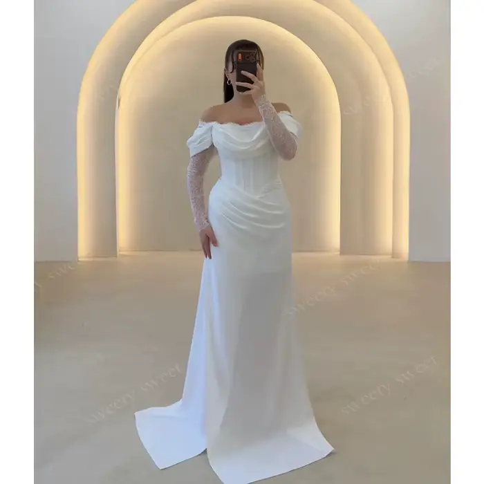 Robe de mariée classique entièrement en satin, style sirène, col carré, manches longues, personnalisable, avec boutons, Vestido De Novia
