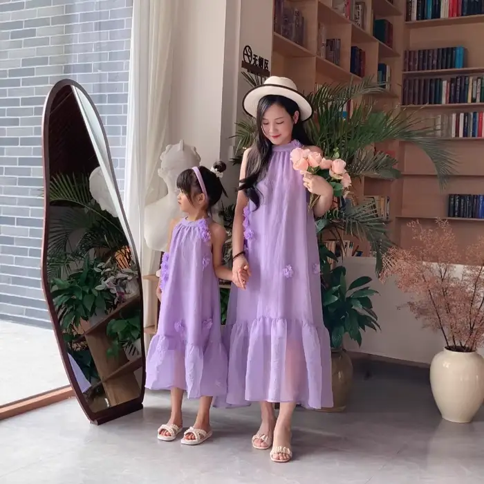 Nouvelles Robes Assorties Mère-Fille Style Français Tenues Familiales Femmes Filles Robe Longue Maxi