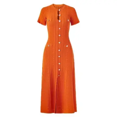 Robe midi élégante de style français à manches courtes en maille côtelée