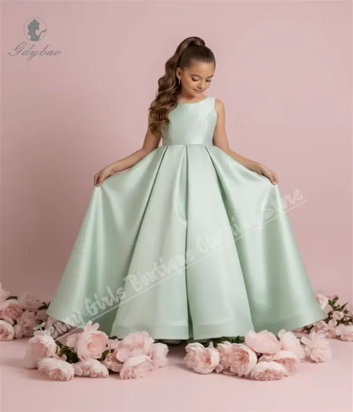Robe de demoiselle d'honneur en satin vert sage avec détails floraux pour cérémonies de communion et anniversaire