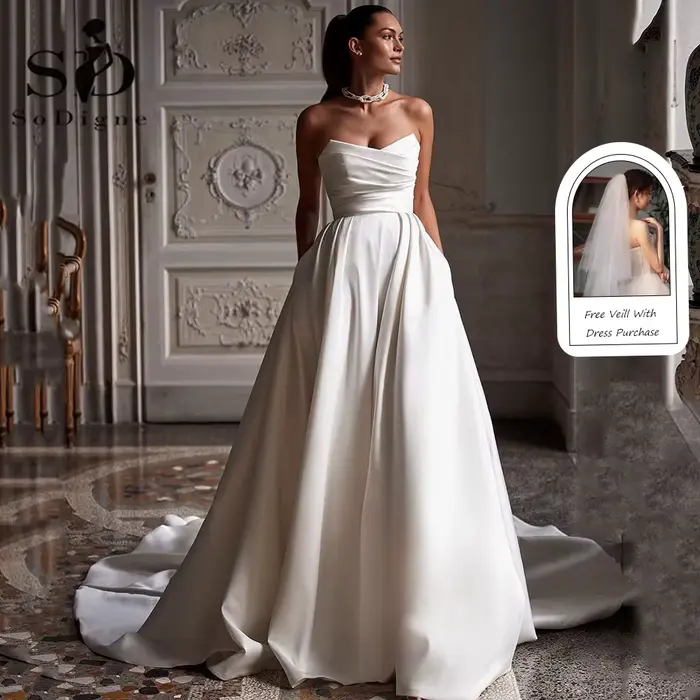 SoDigne-Robe de Mariée Trapèze Simple pour Femme